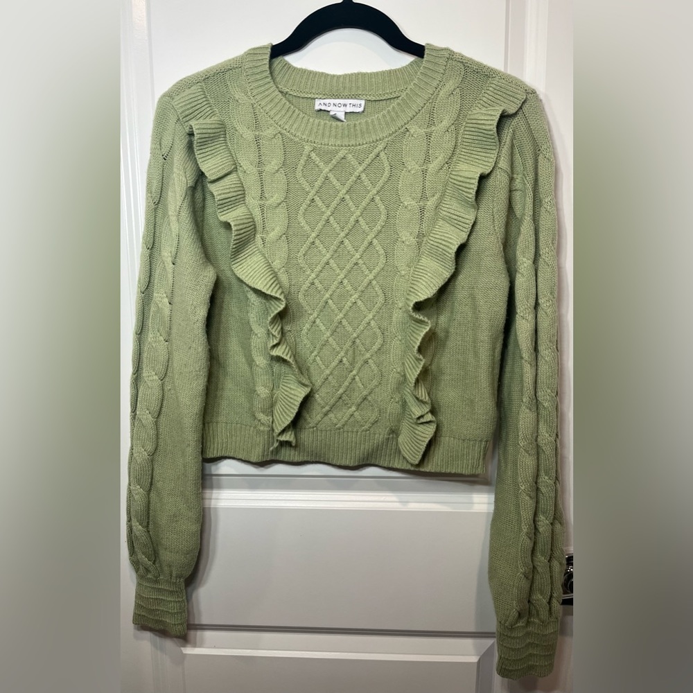 And Now This Women's Size L Ruffled Cropped Pullover Sweater, Green